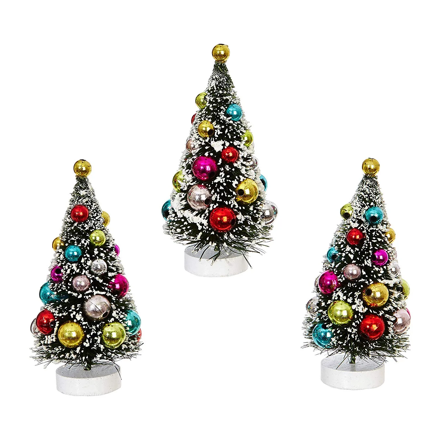 Three vintage-style bottle brush trees in graduated heights, dusted with snow and hung with tiny coloured baubles