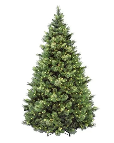 A flocked artificial Christmas tree with pinecones scattered through the branches
