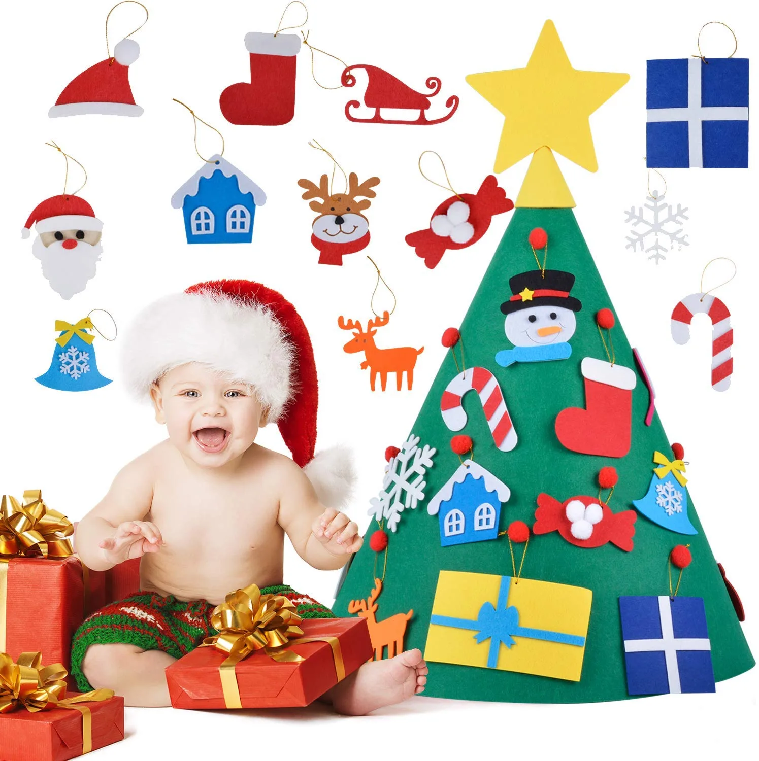 A soft felt Christmas tree wall hanging with detachable felt ornaments, made for small children to rearrange